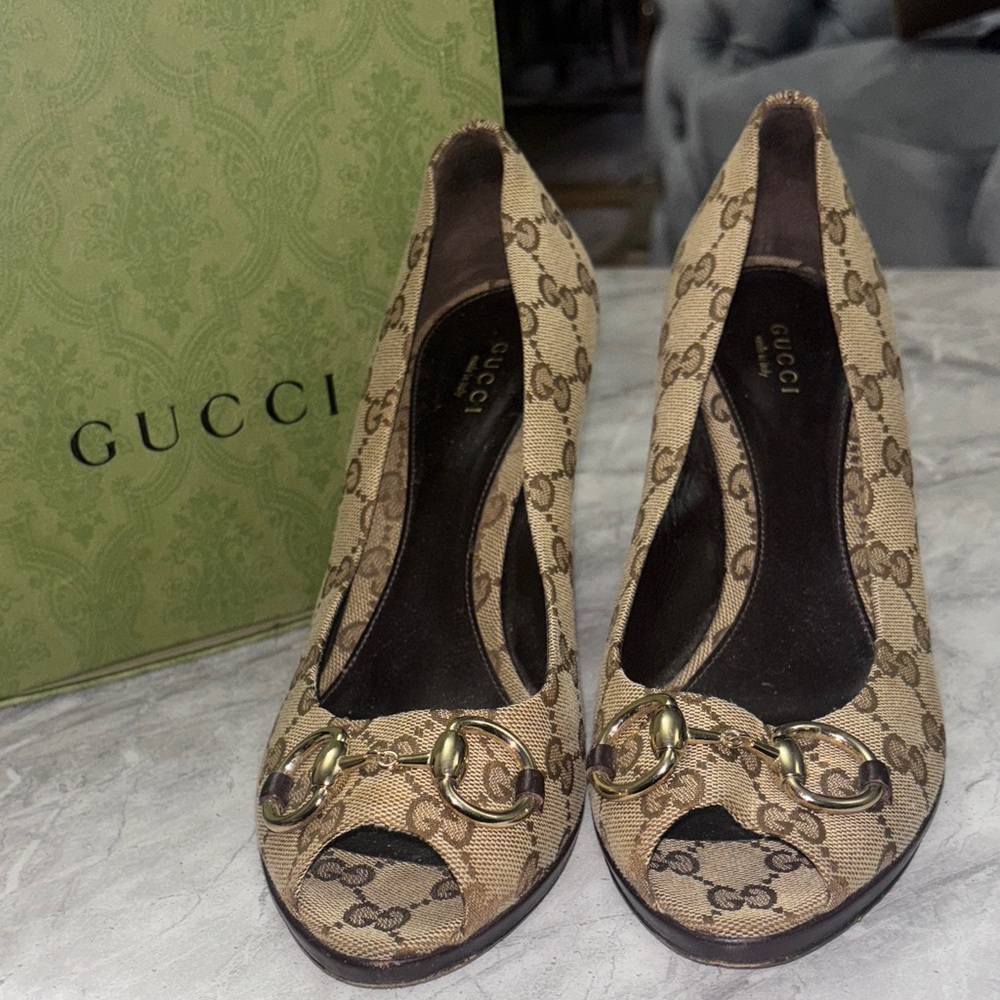 Gucci Tan Monogram Peep-Toe Heels